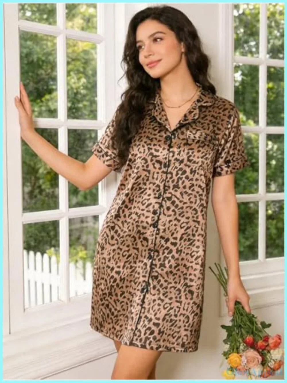 Satin Women's Nightgown Short Sleeve Button Down Sleepshirt